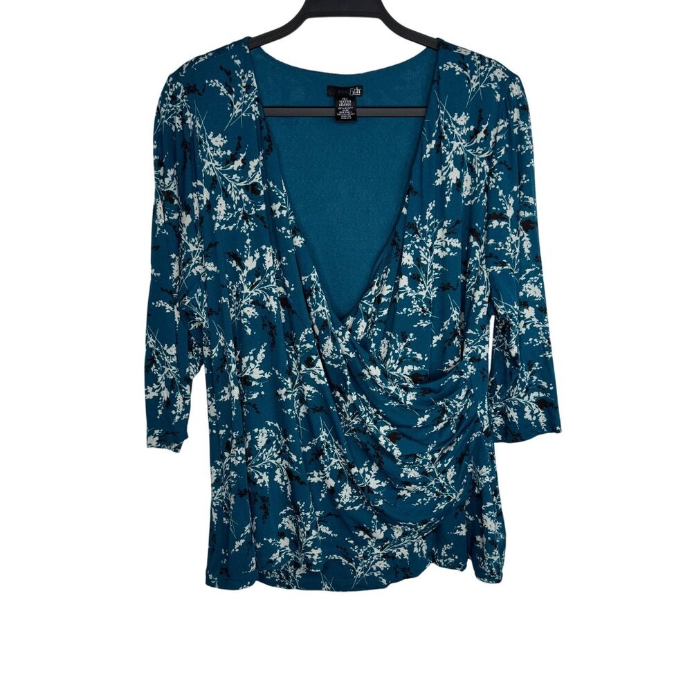 Vintage East 5th‎ Women's 1X Floral Green Blue Draped V Neck Blouse Workwear